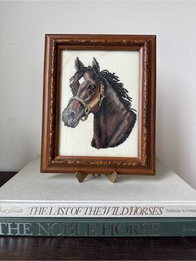 Vintage Framed Horse Needlepoint Wall Art Equestrian Needlework Folk Art Decor